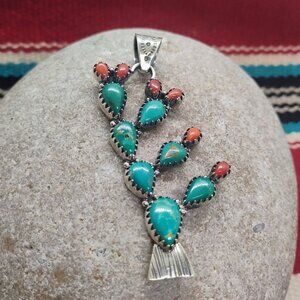 Prickly Pear Cactus Pendant Sterling Silver Turquoise Coral Unisex Large